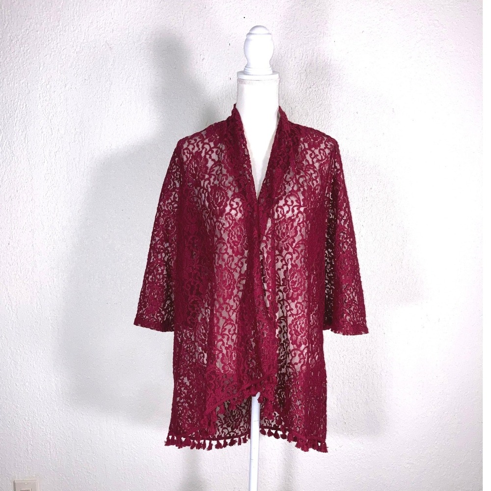 Emi & Joe Burgundy Floral Lace Tassel Fringe Open Front Cardigan Kimono XL